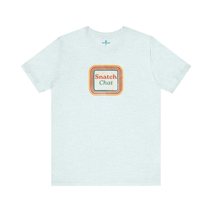 A light brown Snatch Chat - Unisex Jersey Short Sleeve Tee by Printify features the text "Snatch Chat" in the center, enclosed within a square composed of red, orange, yellow, and brown layers. This retro-designed tee is crafted from premium fabric and is showcased against a plain white background.