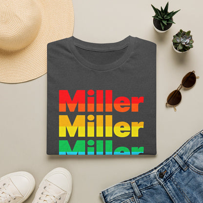 Miller Beach Rainbow Retro Tee — Vintage Stack Name Pride T-Shirt