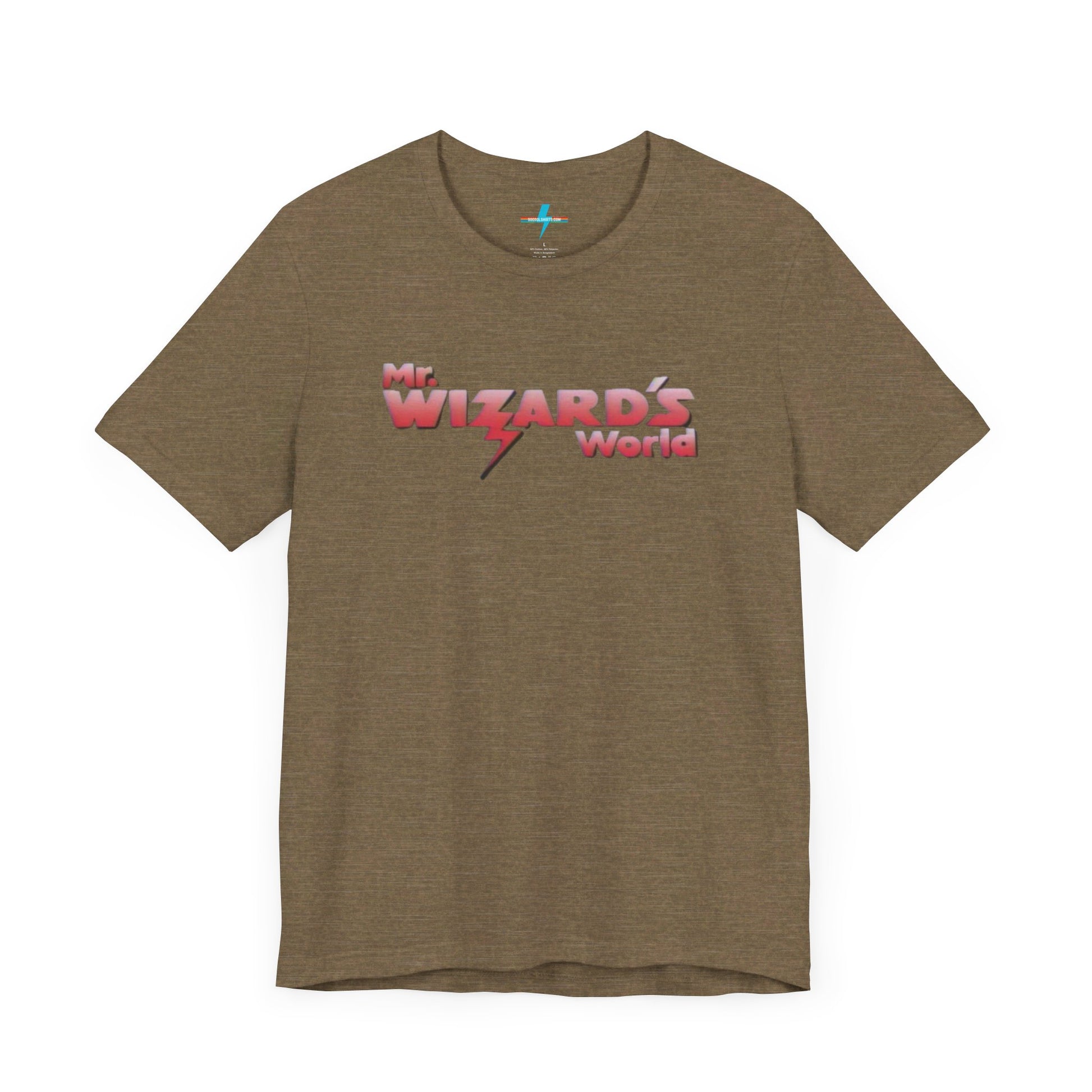 A purple Mr. Wizard's World T-shirt from Printify, featuring bold gradient red and white text with a lightning bolt through the letter "A" in "Wizard." Ideal for science enthusiasts and fans of the iconic 1980s Nickelodeon show, this unisex jersey short sleeve tee is displayed against a plain white background.