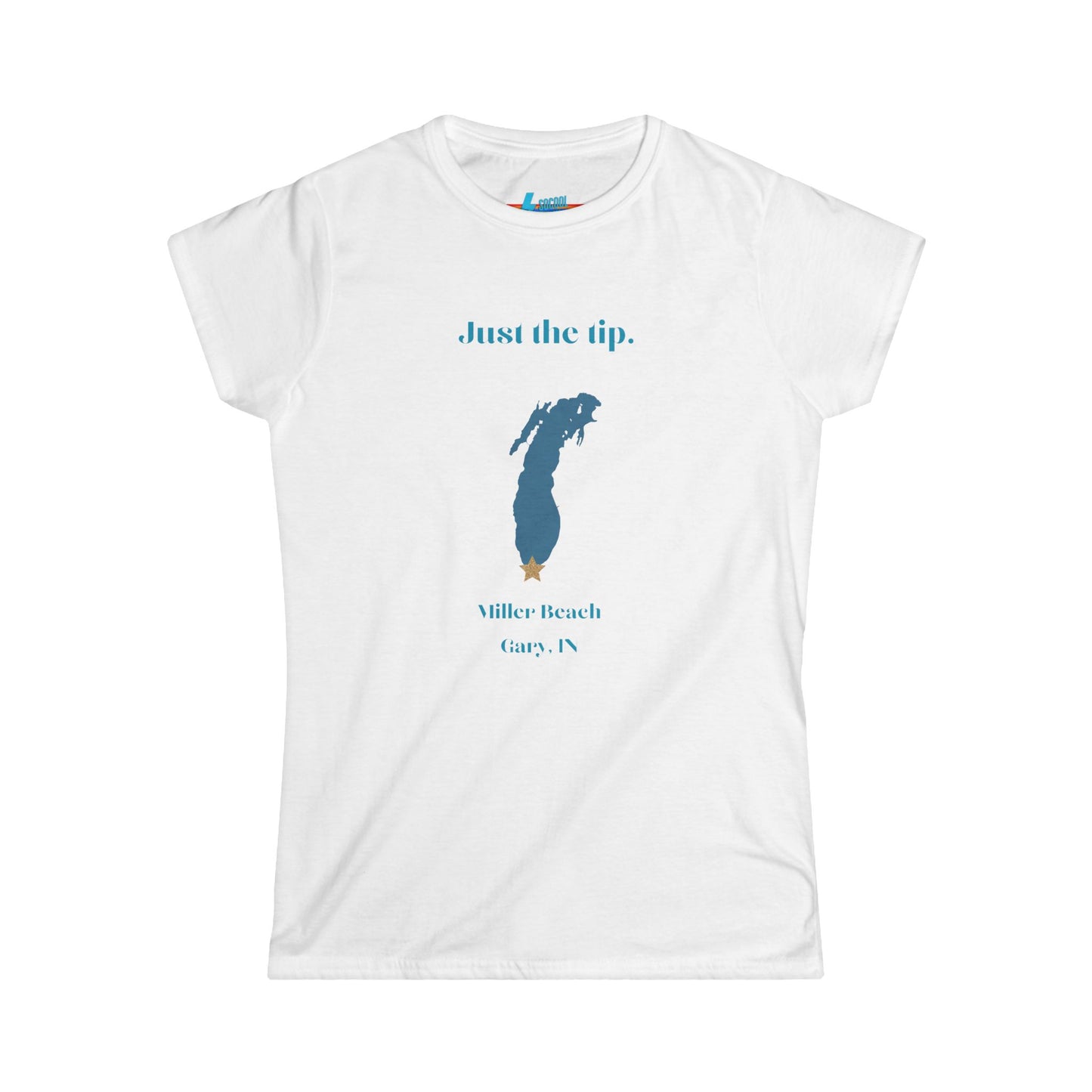 The Printify Just the Tip - Miller Beach Women's Softstyle Tee, crafted from high-quality tri-blend fabric, showcases a light blue color with a stylized wave graphic alongside the text "Just the tip. Miller Beach, Gary, IN." This tee is both casual and stylish, making it an ideal choice to express your beachside spirit.