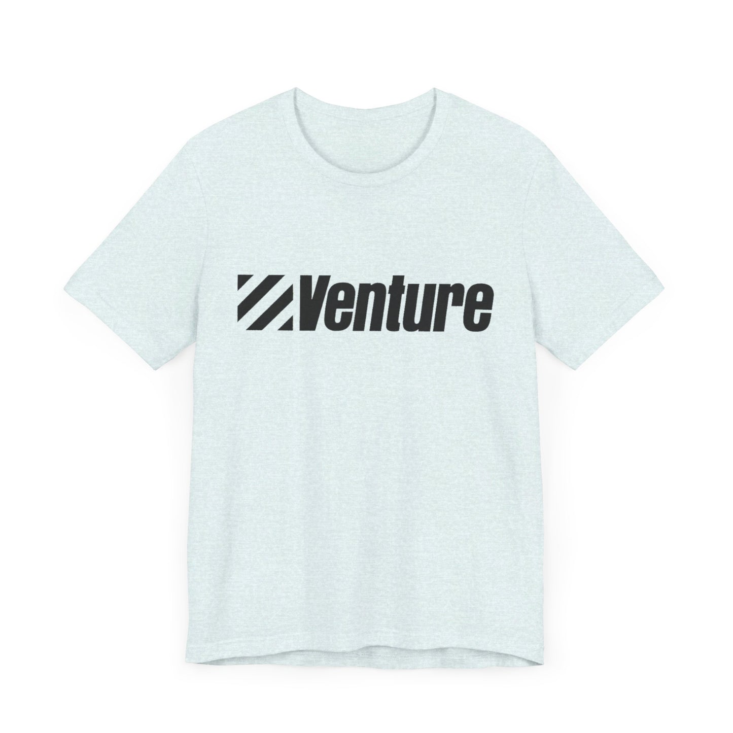 A unisex jersey short sleeve tee from Printify, featuring a classic 1980s Venture Stores logo printed in bold black letters across the chest on a gray fabric, is showcased against a plain white background.