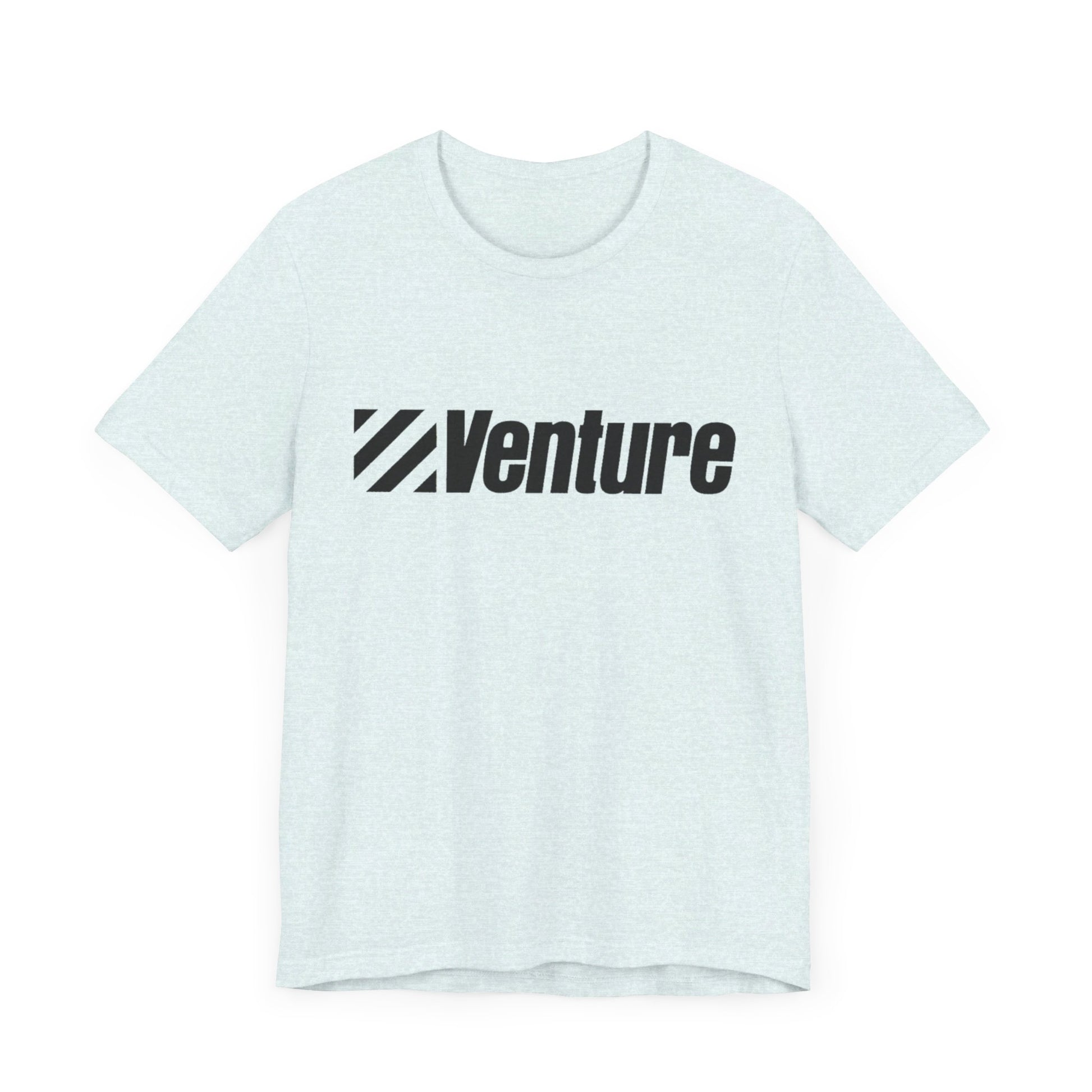 A unisex jersey short sleeve tee from Printify, featuring a classic 1980s Venture Stores logo printed in bold black letters across the chest on a gray fabric, is showcased against a plain white background.