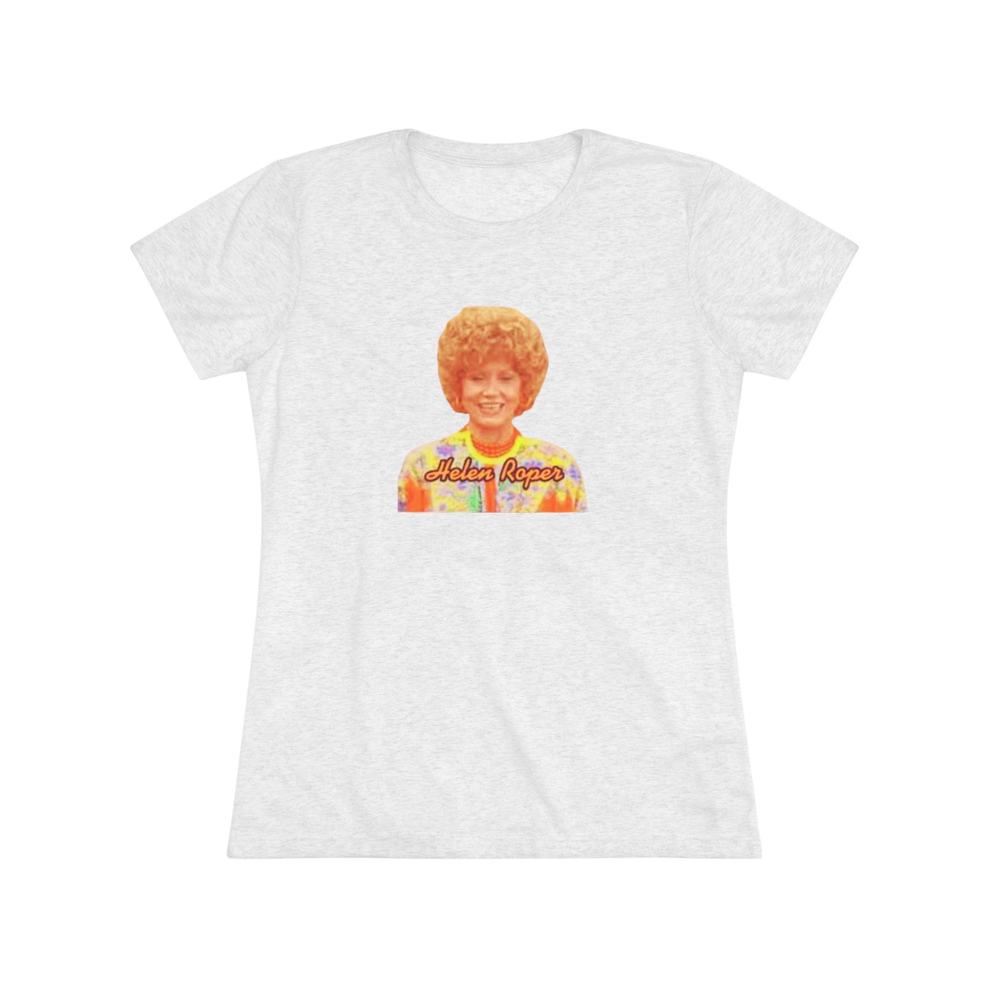 A Women's Triblend Tee by Printify, titled "Helen Roper - Three's Company," features a red design with an illustration of a smiling person with curly hair and colorful clothing. Below the illustration, the text "Helen Roper" is written in a bold, retro font, capturing the essence of vintage TV humor.