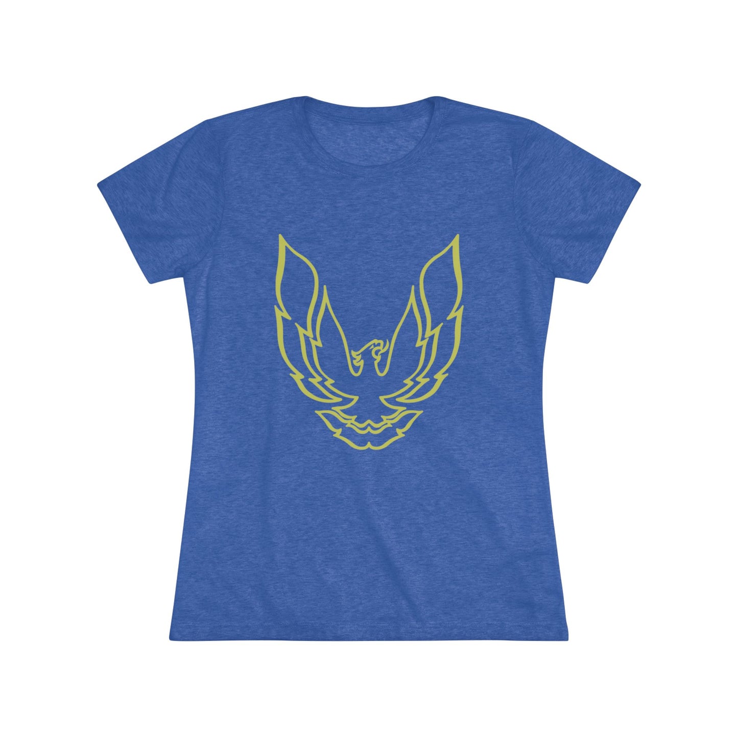 A retro 1970's-inspired red women's triblend tee by Printify, featuring a stylish gold phoenix design on the front. The vibrant, sleek graphic depicts the iconic Trans Am bird with its wings spread upward, giving this cozy t-shirt a bold and dynamic look.