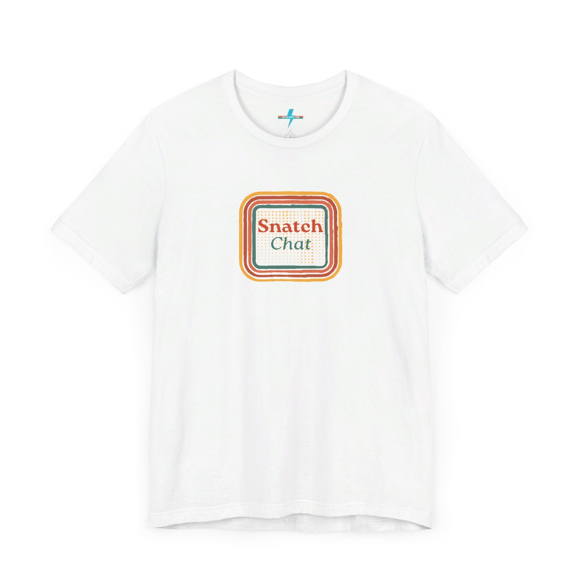 A light brown Snatch Chat - Unisex Jersey Short Sleeve Tee by Printify features the text "Snatch Chat" in the center, enclosed within a square composed of red, orange, yellow, and brown layers. This retro-designed tee is crafted from premium fabric and is showcased against a plain white background.