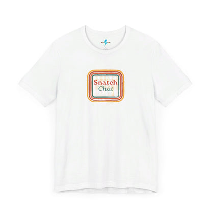 A light brown Snatch Chat - Unisex Jersey Short Sleeve Tee by Printify features the text "Snatch Chat" in the center, enclosed within a square composed of red, orange, yellow, and brown layers. This retro-designed tee is crafted from premium fabric and is showcased against a plain white background.