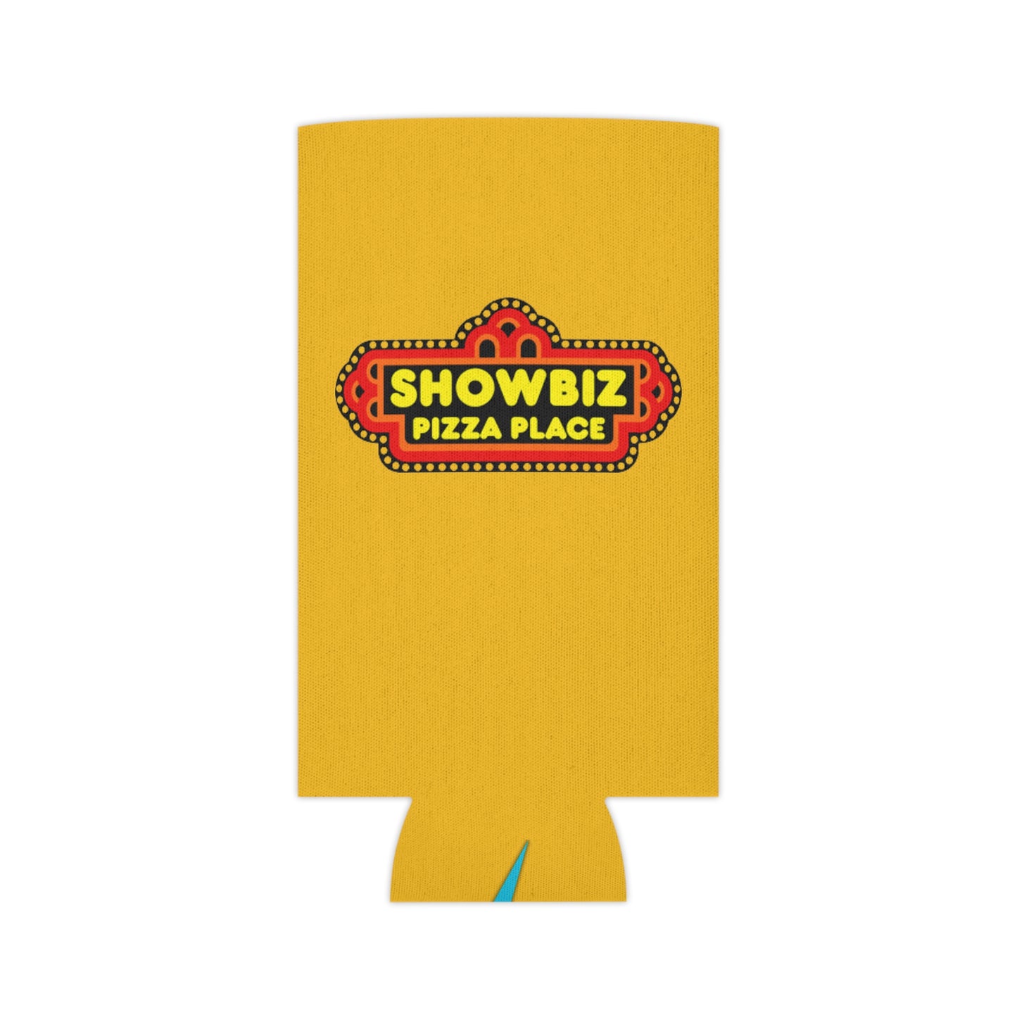 A retro-inspired koozie from Printify, named "Showbiz Pizza Place - Koozie," showcases a bold "Showbiz Pizza Place" logo with a red and black marquee design on a yellow background. The bottom features a small blue logo for "socoolshirts.com.