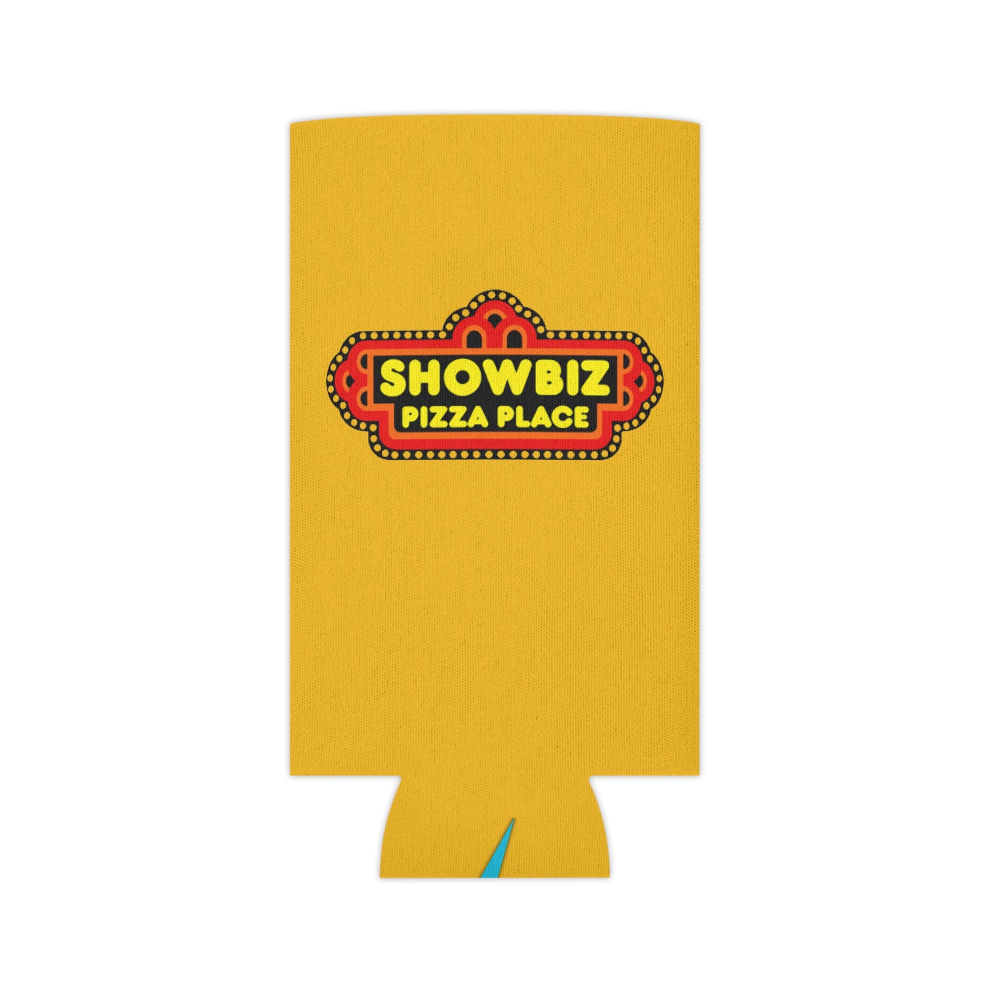 A retro-inspired koozie from Printify, named "Showbiz Pizza Place - Koozie," showcases a bold "Showbiz Pizza Place" logo with a red and black marquee design on a yellow background. The bottom features a small blue logo for "socoolshirts.com.