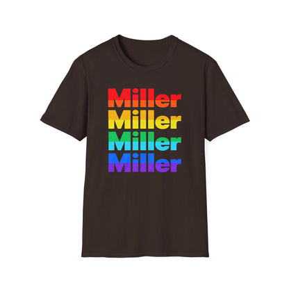 Miller Beach Rainbow Retro Tee — Vintage Stack Name Pride T-Shirt