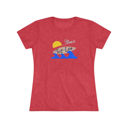 Introducing the Tot Lot Full Sign - Miller Beach - Women's Triblend Tee by Printify! This stylish gray t-shirt features a vintage-inspired design showcasing a setting sun, a surging blue wave, and the phrase "Miller Beach Tot Lot" in eye-catching stylized fonts. Perfect for any casual outing, this beach-themed top exudes a playful and trendy vibe.