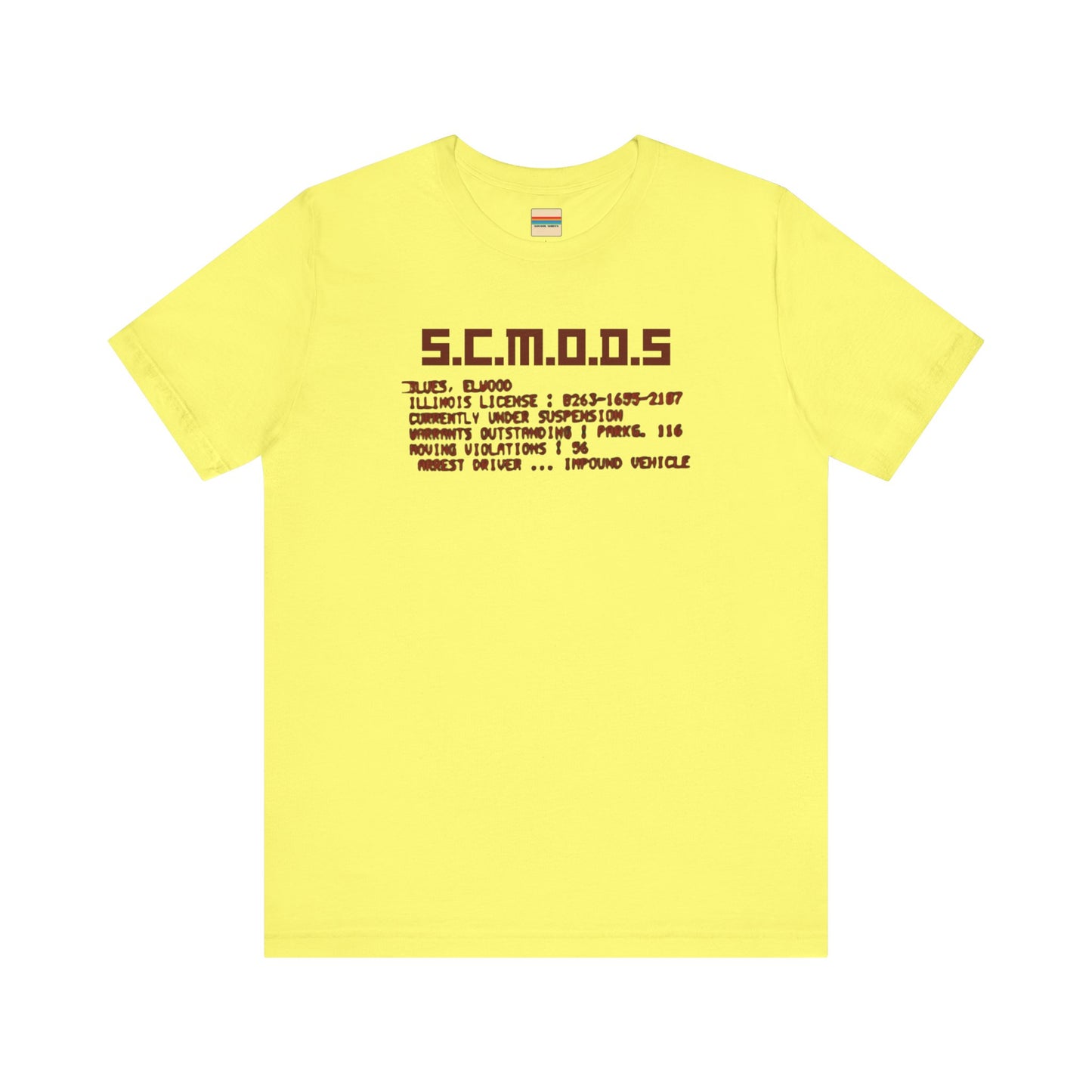 Two yellow "S.C.M.O.D.S. Blues Brother's - Unisex Jersey Short Sleeve Tee" shirts from Printify, featuring "S.C.M.O.D.S" in bold, stylized letters along with smaller text detailing terms like "Illinois," "license," and "impound vehicle." Perfect for fans of The Blues Brothers and Jake and Elwood Blues, the T-shirts are neatly folded and stacked.