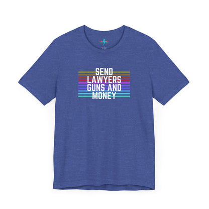 A folded Send Lawyers, Guns, and Money - Retro - Unisex Jersey Short Sleeve Tee by Printify, featuring colorful horizontal stripes and bold white text reading "SEND LAWYERS GUNS AND MONEY" in the center, as a classy tribute to Warren Zevon.