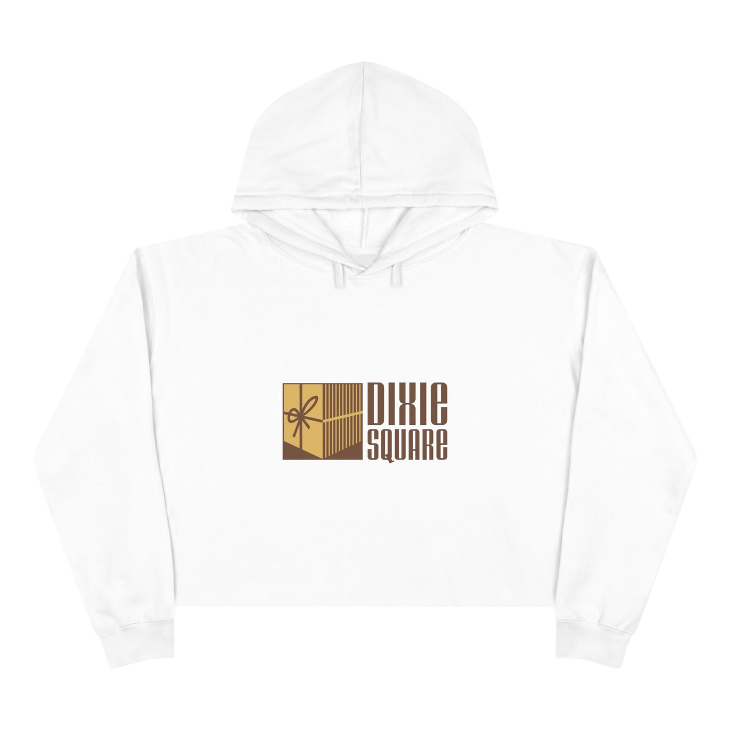 Pink cropped hoodie from Printify, showcasing a yellow and brown "Dixie Square" logo with a ribbon design on the front, reminiscent of the iconic Dixie Square Mall in Harvey, IL from the Blues Brothers era.