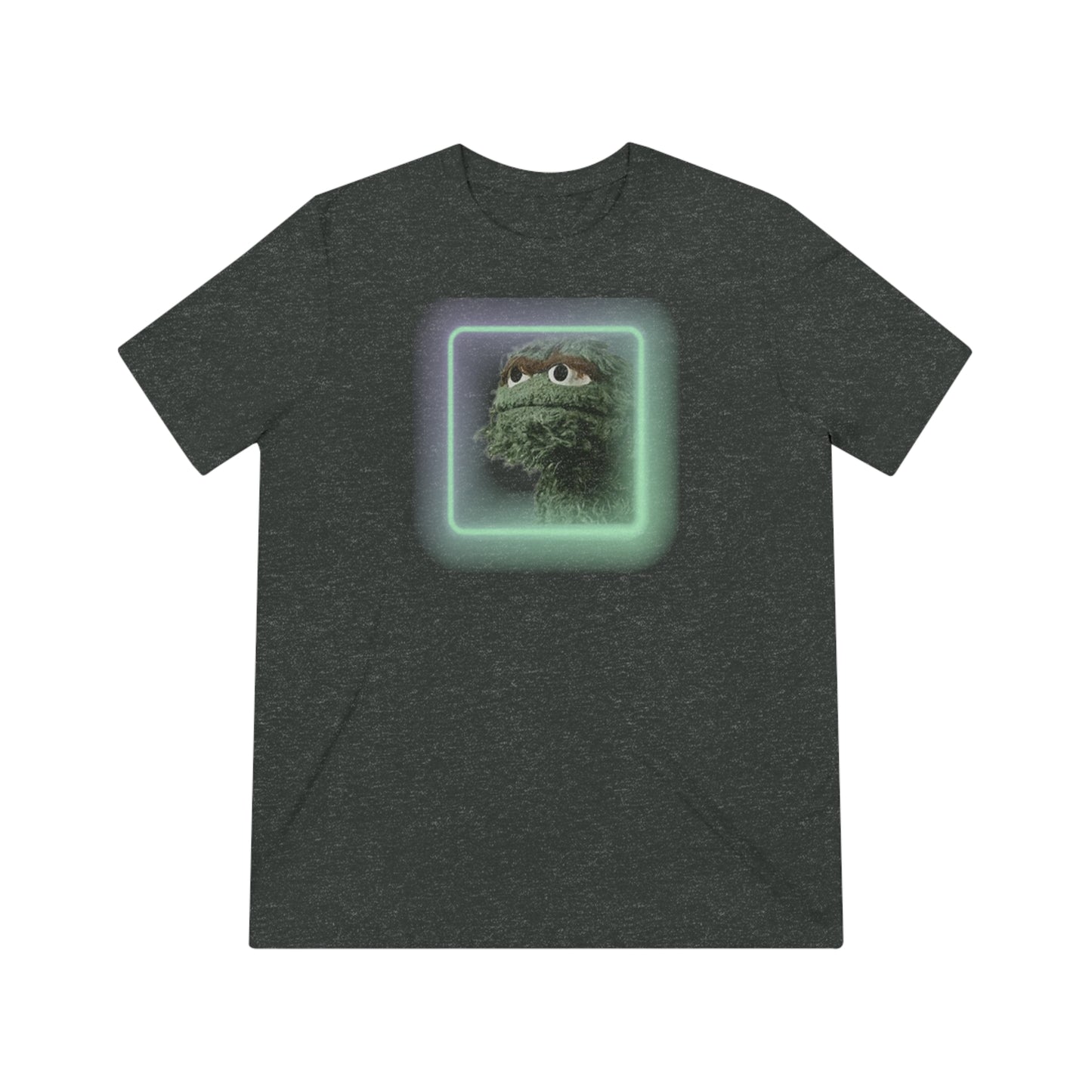 Introducing the Oscar the Grouch Unisex Triblend Tee by Printify: This red triblend t-shirt features a green puppet character with expressive eyes, framed by a glowing, square-shaped rainbow border. With its simple and casual design, free of any additional text or graphics, this tee offers the perfect blend of style and durability thanks to its polyester construction.