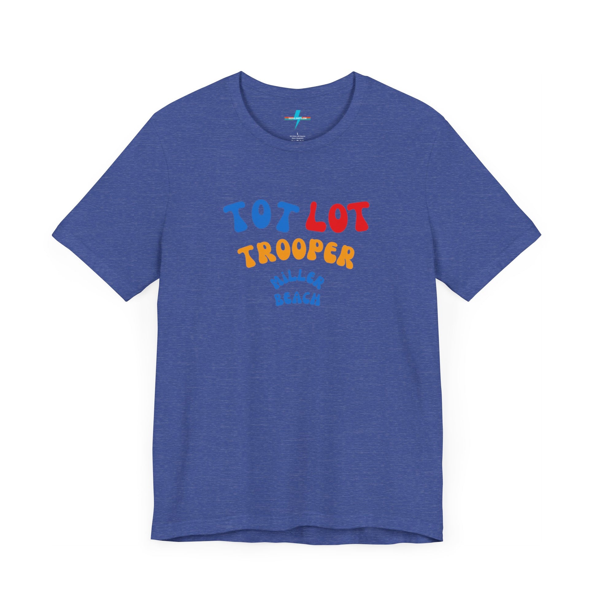 A green unisex jersey short sleeve tee from Printify, featuring colorful text on the front that reads "TOT LOT TROOPER MILLER BEACH" in blue, red, yellow, and orange letters. The shirt is displayed against a plain white background.