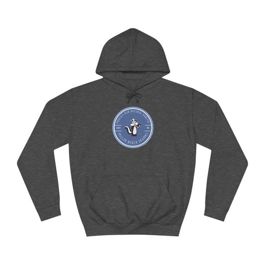 The Miller Beach Skunks - Unisex College Hoodie by Printify in dark gray features a drawstring hood and a central circular emblem. The emblem displays a stylized sea creature encircled by text that hints at Miller Beach Skunks, laid flat against a white background.