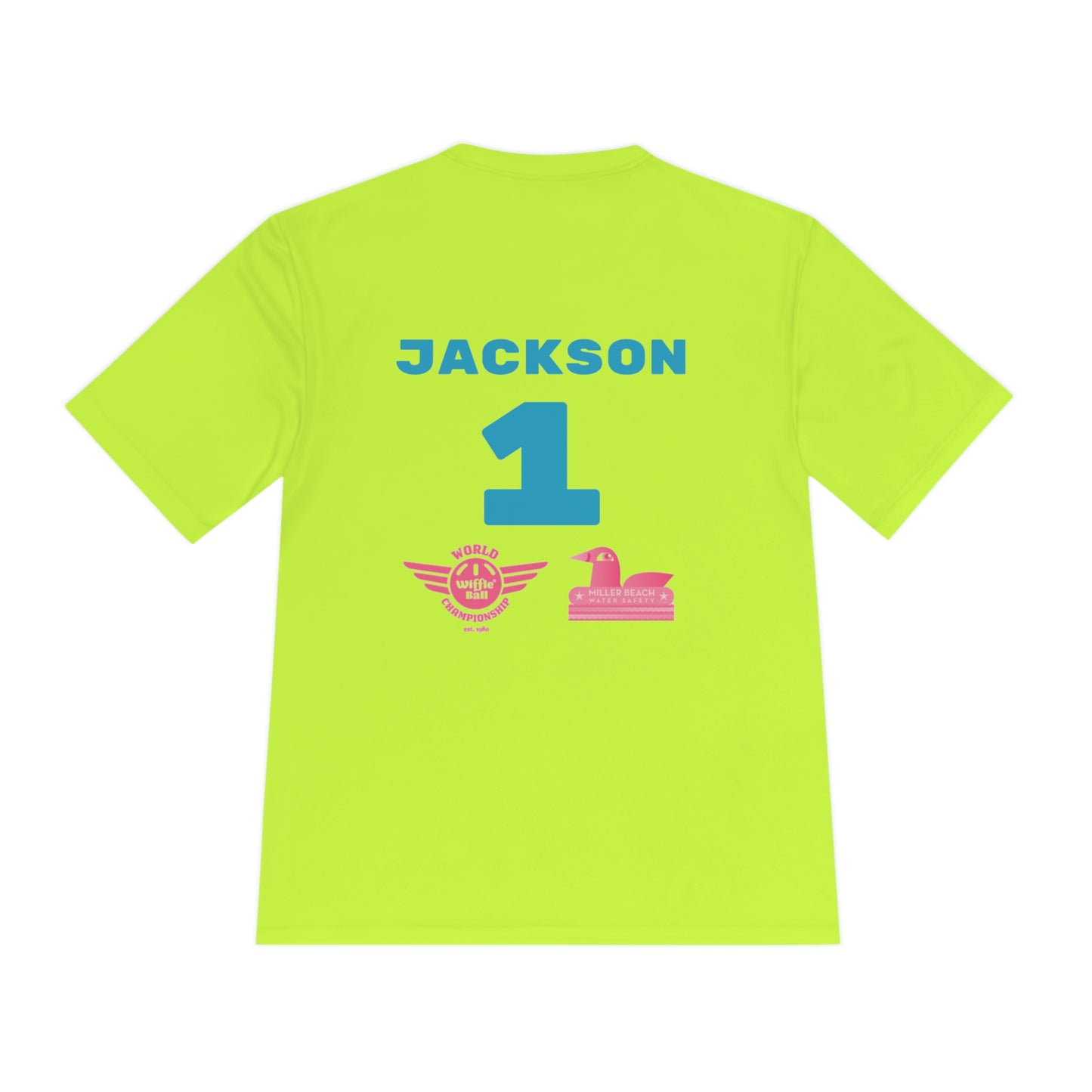 Introducing the "Miller Beach Flamingos - Jackson 01" Unisex Moisture Wicking Tee by Printify. This beige T-shirt showcases "Miller Beach" in a pink cursive font accompanied by a small pink flamingo illustration. Below, "FLAMINGOS" is displayed in bold pink capital letters, with a blue "01" on the bottom right corner. As part of the Sport-Tek PosiCharge Competitor collection, this lightweight shirt provides superior moisture-wicking performance.