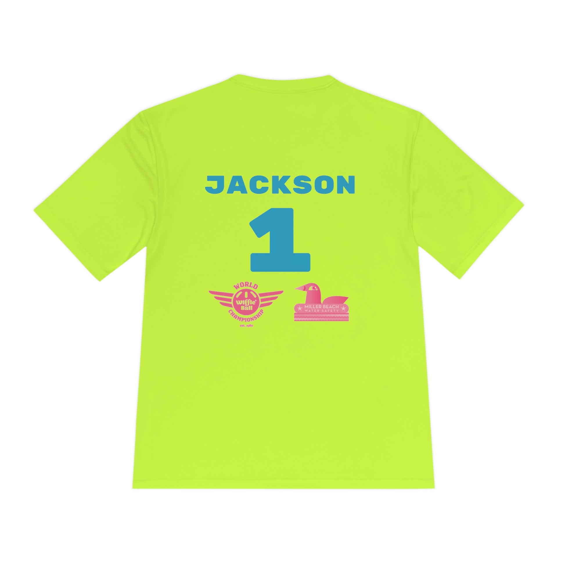 Introducing the "Miller Beach Flamingos - Jackson 01" Unisex Moisture Wicking Tee by Printify. This beige T-shirt showcases "Miller Beach" in a pink cursive font accompanied by a small pink flamingo illustration. Below, "FLAMINGOS" is displayed in bold pink capital letters, with a blue "01" on the bottom right corner. As part of the Sport-Tek PosiCharge Competitor collection, this lightweight shirt provides superior moisture-wicking performance.