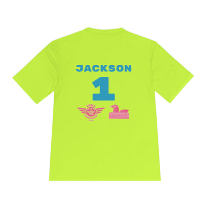 Introducing the "Miller Beach Flamingos - Jackson 01" Unisex Moisture Wicking Tee by Printify. This beige T-shirt showcases "Miller Beach" in a pink cursive font accompanied by a small pink flamingo illustration. Below, "FLAMINGOS" is displayed in bold pink capital letters, with a blue "01" on the bottom right corner. As part of the Sport-Tek PosiCharge Competitor collection, this lightweight shirt provides superior moisture-wicking performance.
