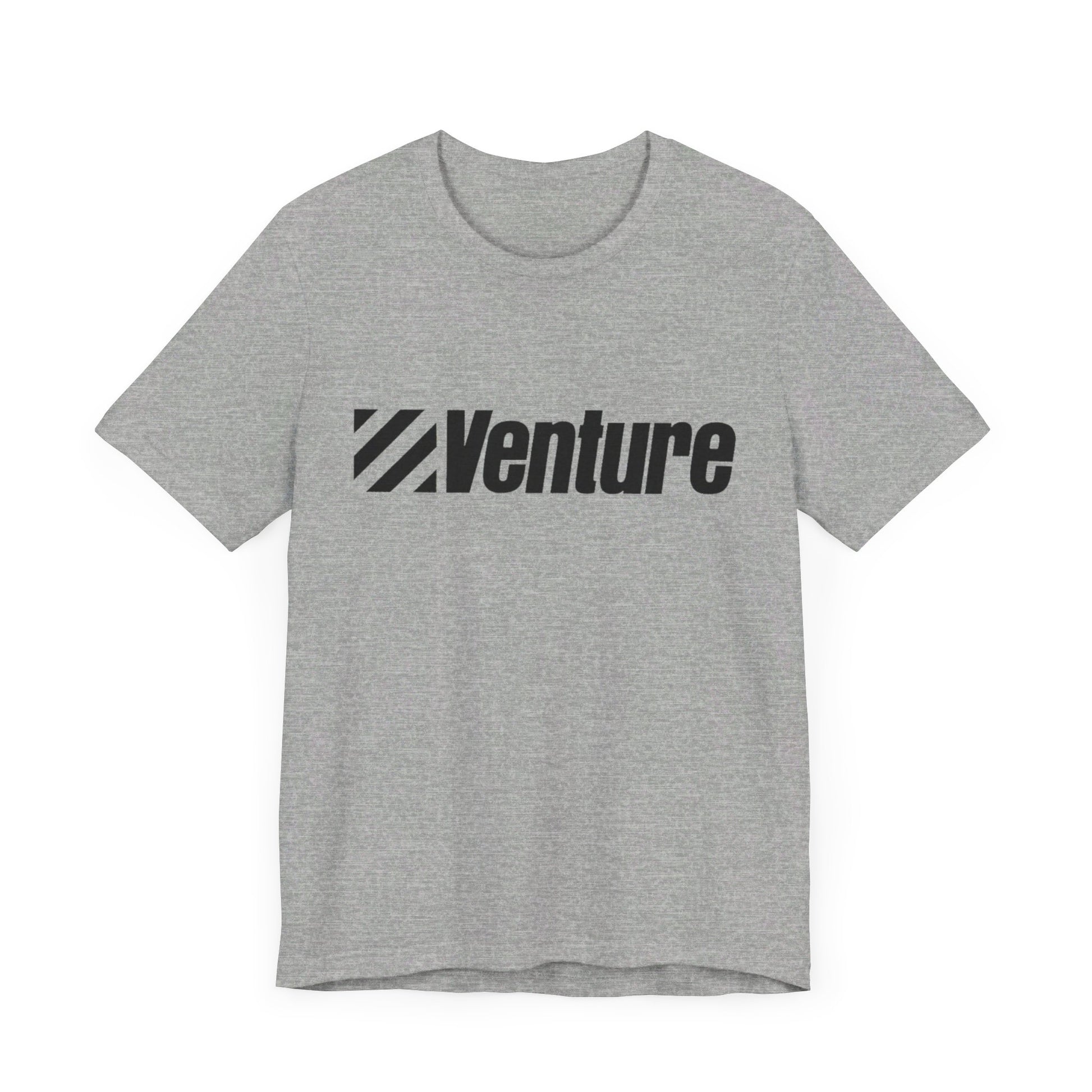 A unisex jersey short sleeve tee from Printify, featuring a classic 1980s Venture Stores logo printed in bold black letters across the chest on a gray fabric, is showcased against a plain white background.