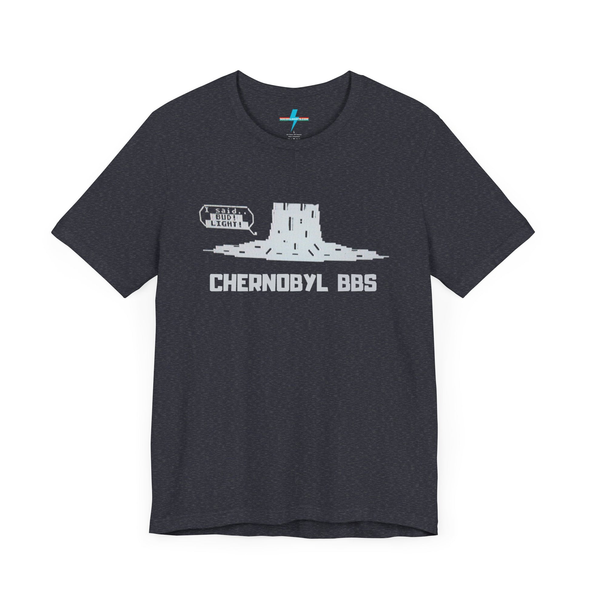 Introducing the Chernobyl BBS 1987 Shorewood, Illinois - Unisex Jersey Short Sleeve Tee by Printify: This dark gray tee showcases a glowing nuclear cooling tower with "BBS" text on the side. Below the graphic, "CHERNOBYL BBS" is boldly printed in capital letters, making it an ideal choice for retro tech aficionados and old-school hackers alike.