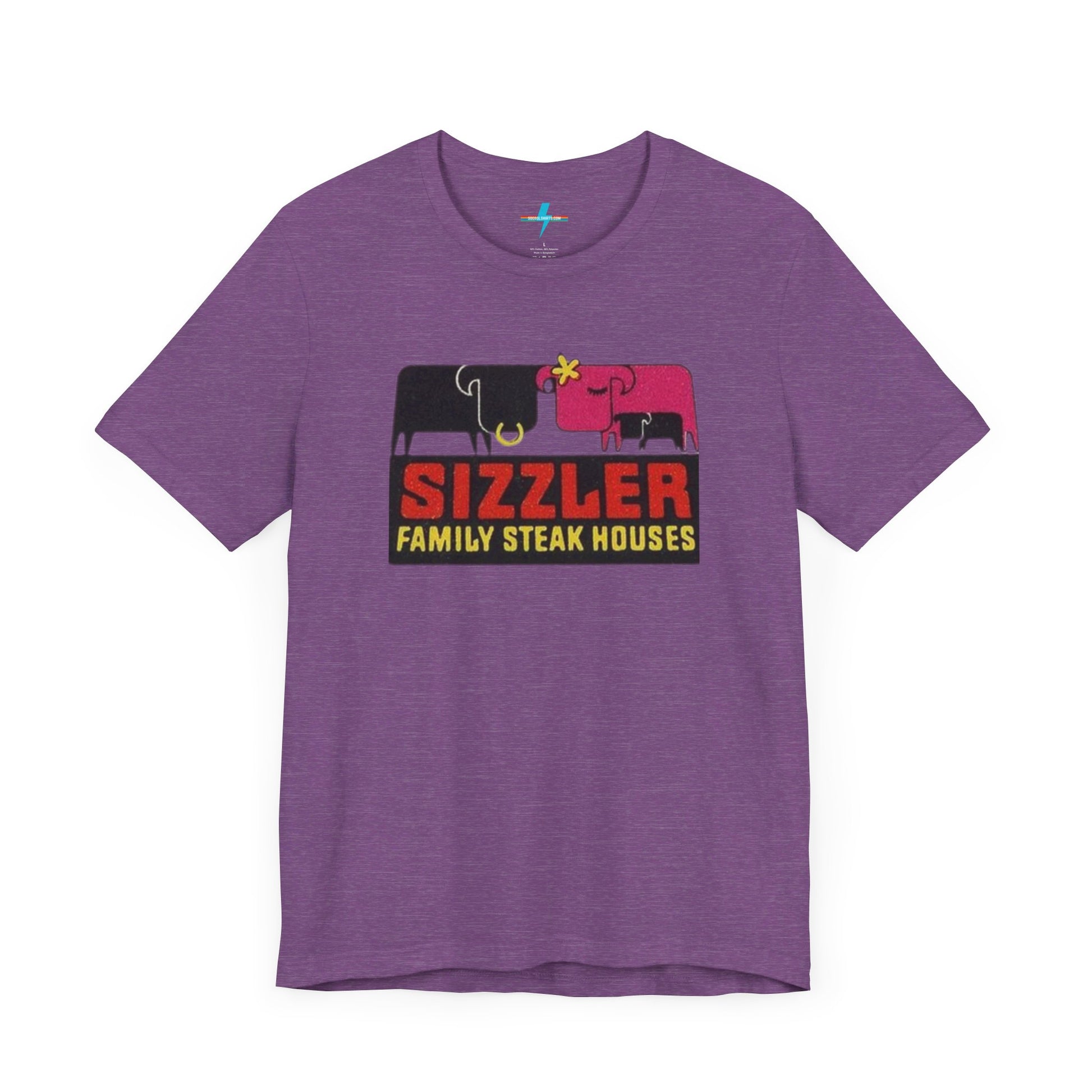 The "Sizzler Family Steakhouses - Retro 1981 Logo - Unisex Jersey Short Sleeve Tee" by Printify is a gray t-shirt showcasing a retro-style graphic with two black and pink cows, a cactus, and the text "Sizzler Family Steak Houses" in vibrant red and yellow. Ideal for any retro enthusiast, this design evokes nostalgia reminiscent of vintage restaurant logos from 1981.