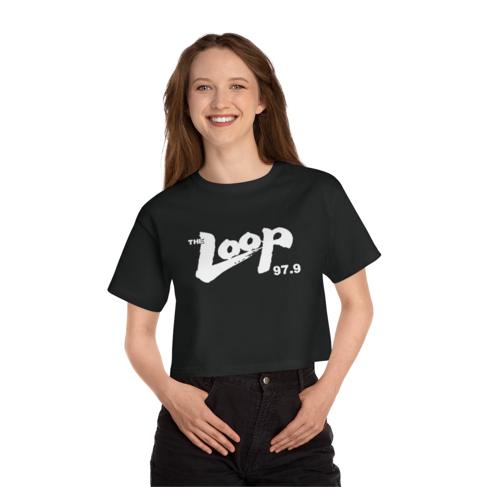 A black, 100% cotton Champion Women's Heritage Cropped T-Shirt from Printify featuring the "The Loop 97.9" logo in white, stylized text across the chest.