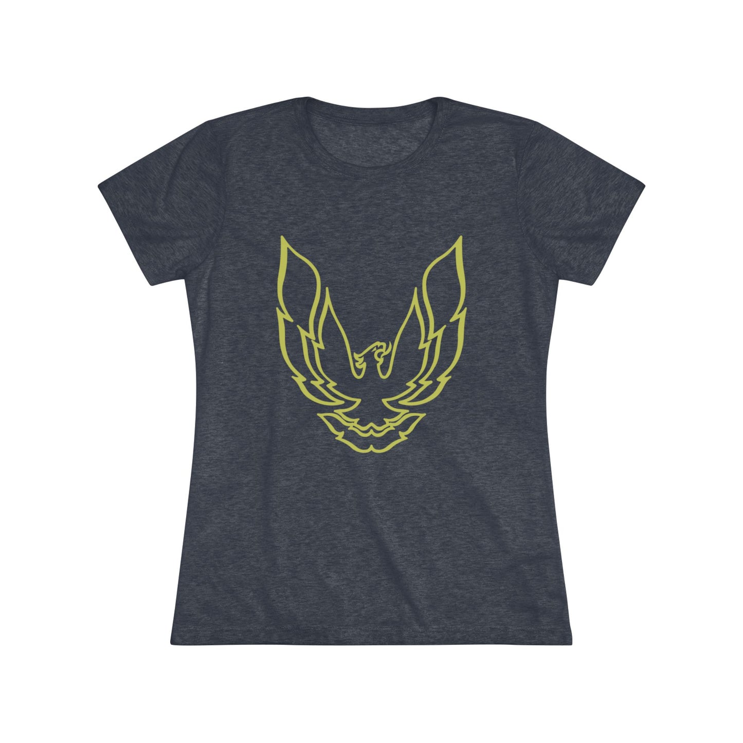 A retro 1970's-inspired red women's triblend tee by Printify, featuring a stylish gold phoenix design on the front. The vibrant, sleek graphic depicts the iconic Trans Am bird with its wings spread upward, giving this cozy t-shirt a bold and dynamic look.