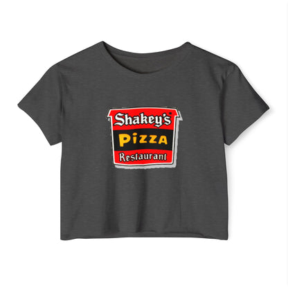 The Shakey's Pizza - Women's Festival Crop Top from Printify is a light blue garment that proudly displays the iconic Shakey's Pizza logo on the chest. Featuring retro-style red and black signage with text in white, yellow, and red that reads "Shakey's Pizza Restaurant," this crop top exudes a vintage-inspired charm.