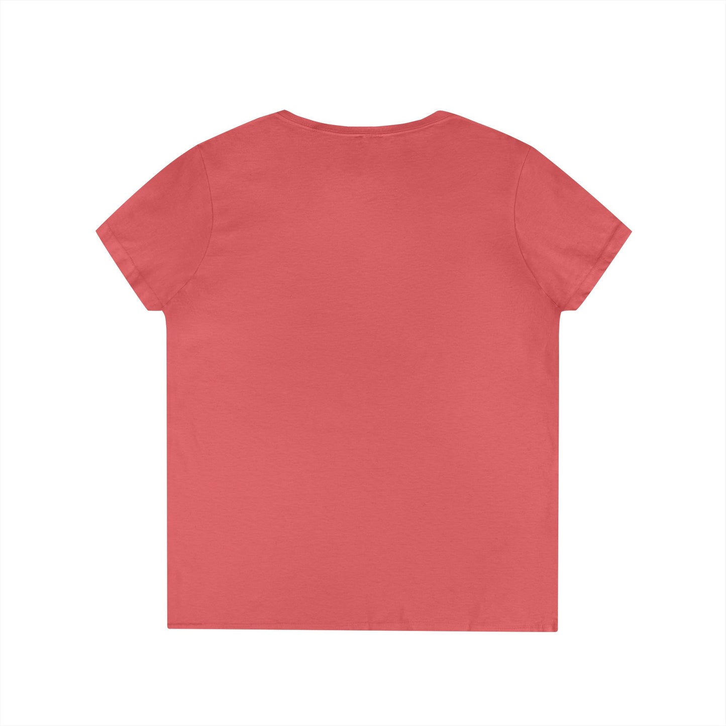 The Just the Tip - Miller Beach Ladies' V-Neck T-Shirt by Printify is a coral-colored top made from soft tri-blend fabric. It showcases a graphic of Lake Michigan accompanied by the playful text "Just the tip," along with "Miller Beach, Gary, IN" displayed below.