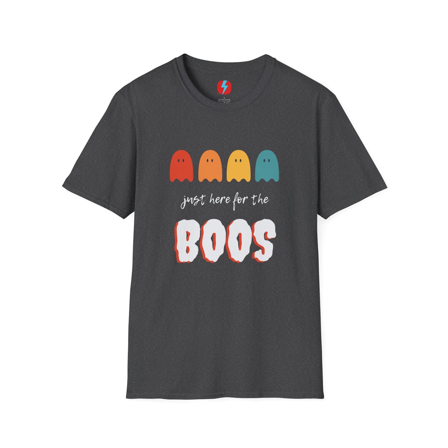 The "Just Here for the Boos - Halloween - Unisex Softstyle T-Shirt" by Printify is a blue, unisex tee with a playful Halloween theme. It features four ghost icons in red, orange, yellow, and green, followed by the text "just here for the BOOS" with "BOOS" styled in a bold and spooky font. Perfect for embracing the spooky season!