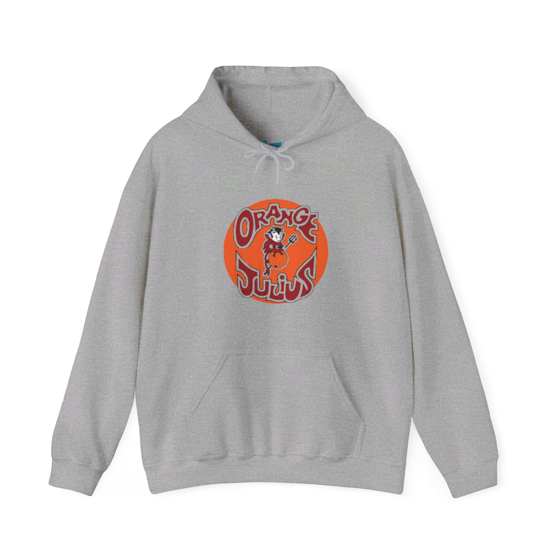 A light blue Orange Julius - Retro 1980s Hoodie by Printify, featuring a front pocket and hood. This nostalgic piece of clothing showcases a large, circular logo in orange and red at the center, depicting an illustrated character from 1980s mall culture.