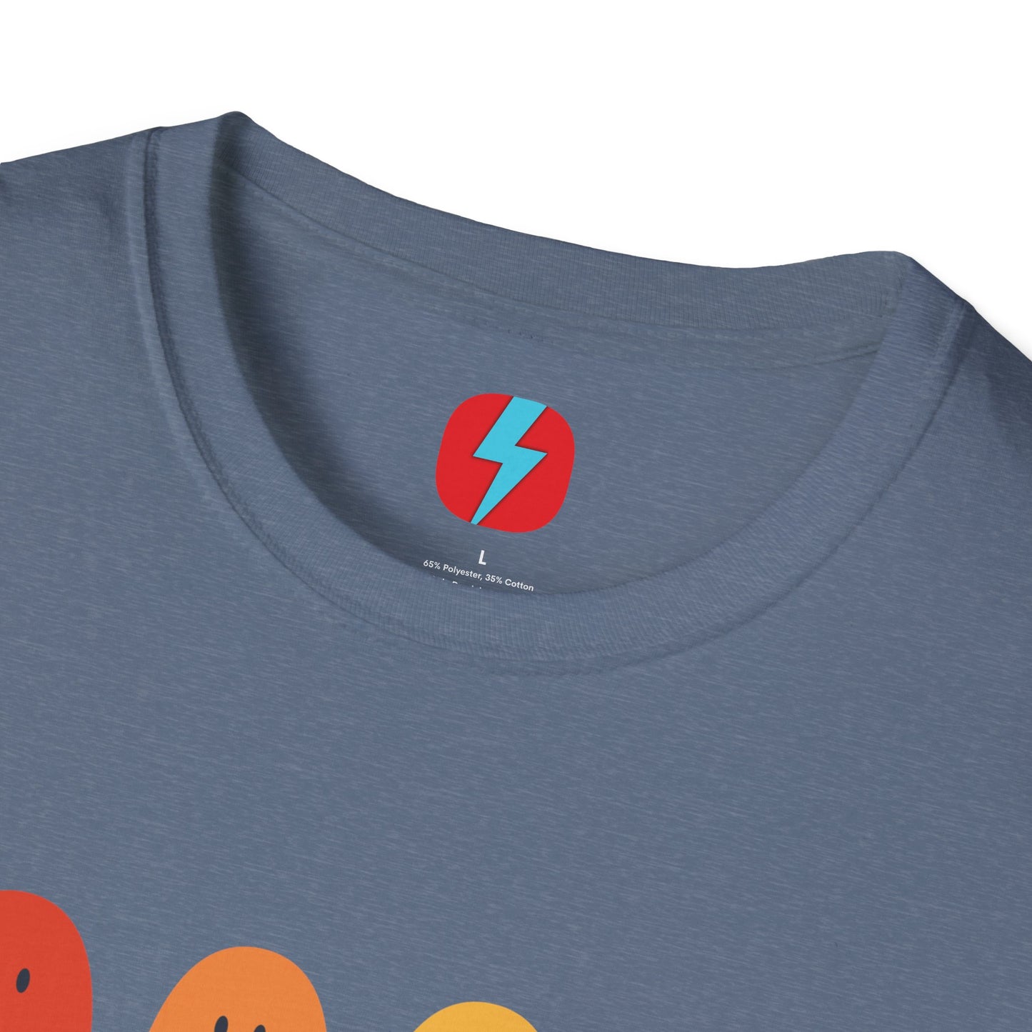 The "Just Here for the Boos - Halloween - Unisex Softstyle T-Shirt" by Printify is a blue, unisex tee with a playful Halloween theme. It features four ghost icons in red, orange, yellow, and green, followed by the text "just here for the BOOS" with "BOOS" styled in a bold and spooky font. Perfect for embracing the spooky season!