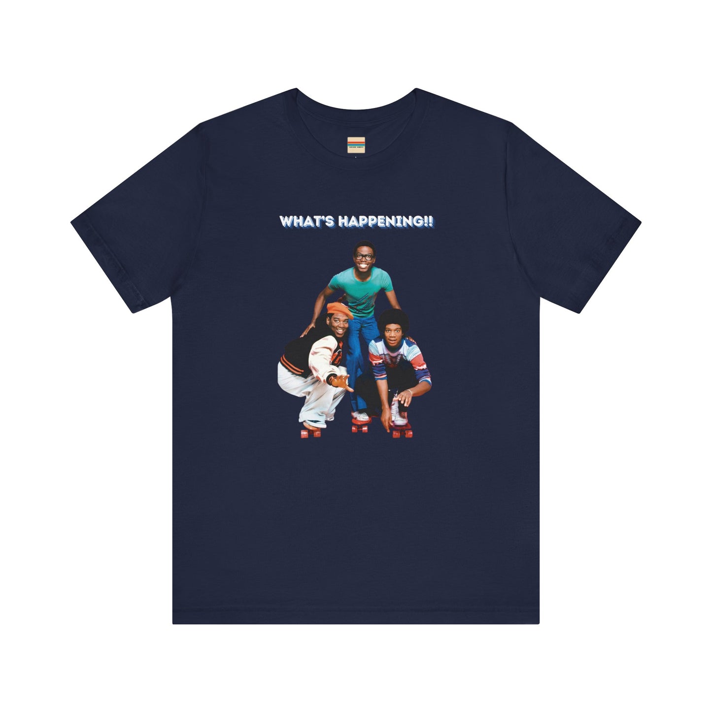 A "What's Happening!!" - Retro 1980s TV Show unisex jersey short sleeve tee by Printify, featuring a blue graphic with three smiling, energetically posing individuals dressed in fashionable casual attire. The top text "WHAT'S HAPPENING!!" is displayed in white, perfectly capturing the nostalgic vibe of the 1980s.