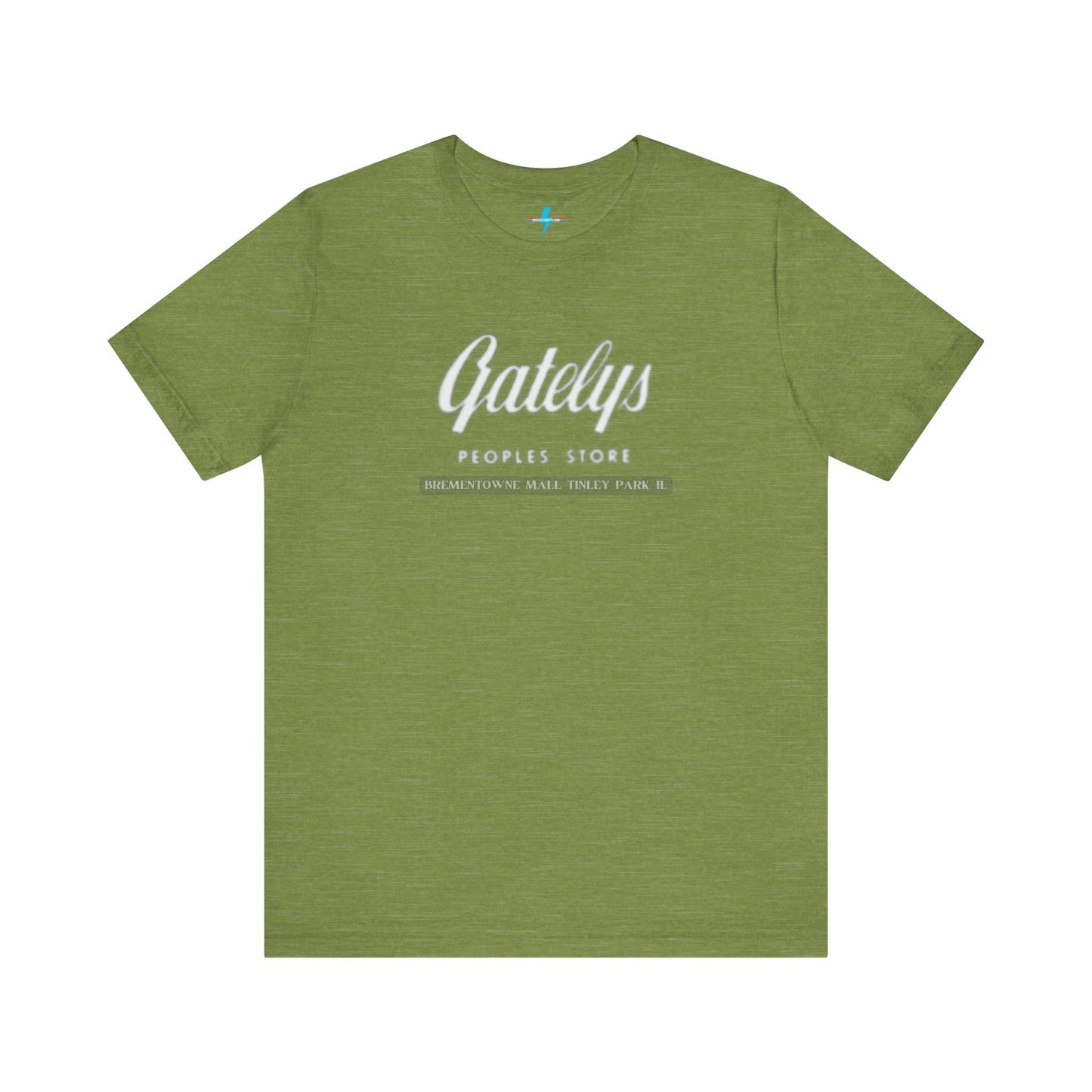 A green unisex jersey short sleeve tee from Printify's SoCool Shirts collection, featuring "Gately's People's Store" printed prominently in white on the front. Below this, smaller text reads "Tinley Park's Brementowne Mall" in white. The T-shirt is displayed against a plain white background and is named the "Gatelys Peoples Store - Vintage 1980s.