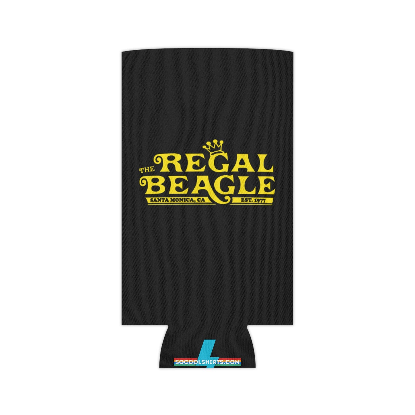 The Regal Beagle - Three's Company - Koozie by Printify features a black design with yellow text that reads "The Regal Beagle," alongside "Santa Monica, CA" and "Est. 1977." A small, partially visible URL in white and blue at the bottom reads socoolshirts.com. An ideal accessory for fans of Three’s Company!