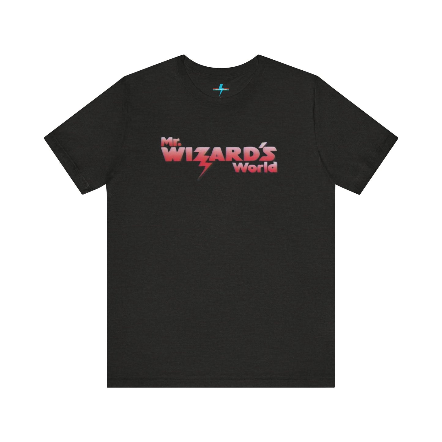 A purple Mr. Wizard's World T-shirt from Printify, featuring bold gradient red and white text with a lightning bolt through the letter "A" in "Wizard." Ideal for science enthusiasts and fans of the iconic 1980s Nickelodeon show, this unisex jersey short sleeve tee is displayed against a plain white background.