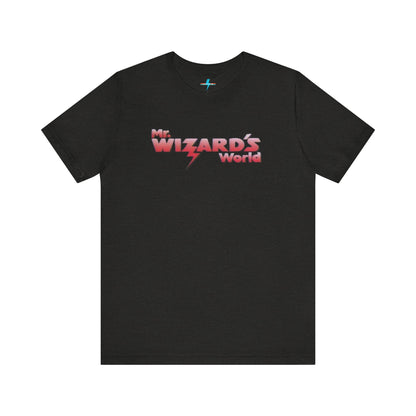 A purple Mr. Wizard's World T-shirt from Printify, featuring bold gradient red and white text with a lightning bolt through the letter "A" in "Wizard." Ideal for science enthusiasts and fans of the iconic 1980s Nickelodeon show, this unisex jersey short sleeve tee is displayed against a plain white background.