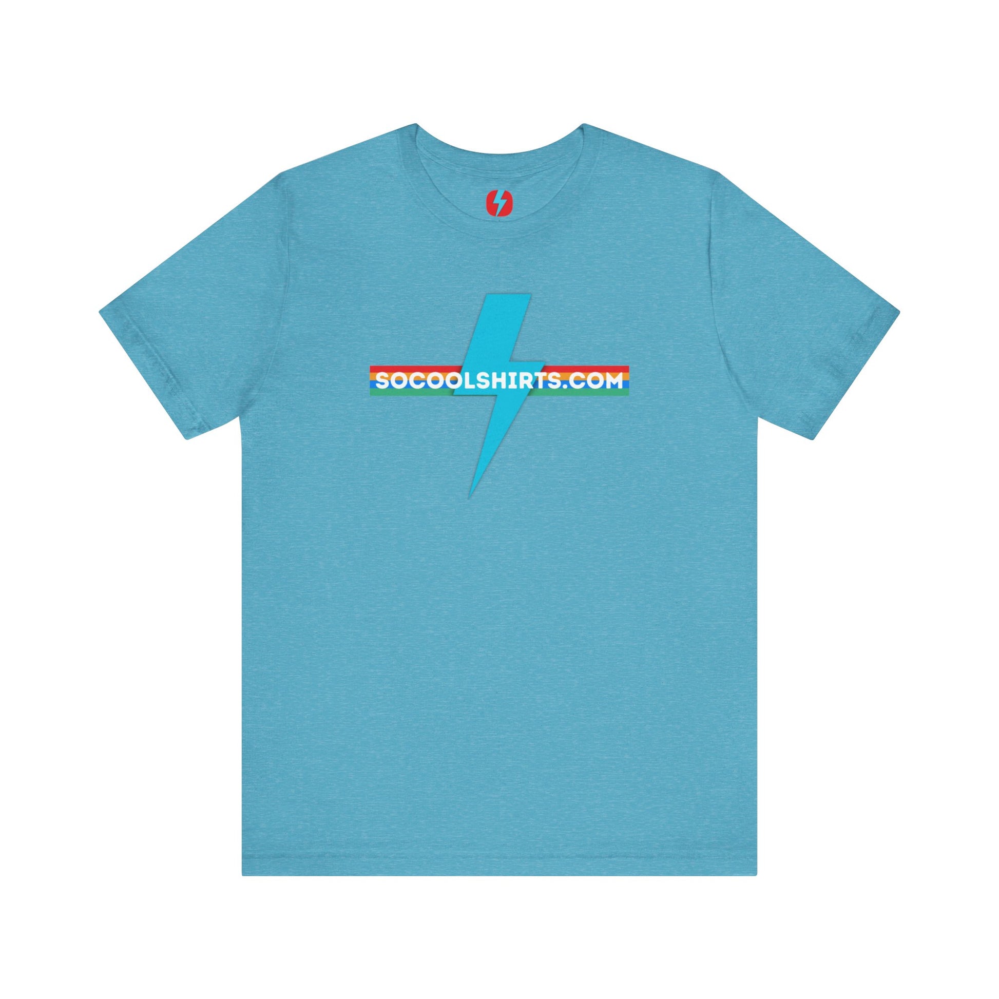 This unisex jersey short sleeve tee by Printify features a striking maroon color with a central light blue lightning bolt design. The text "SOCOOLSHIRTS.COM" is prominently displayed across the lightning bolt in white letters, set against a multicolored background that exudes retro vibes. The shirt is shown laid flat on a white backdrop.