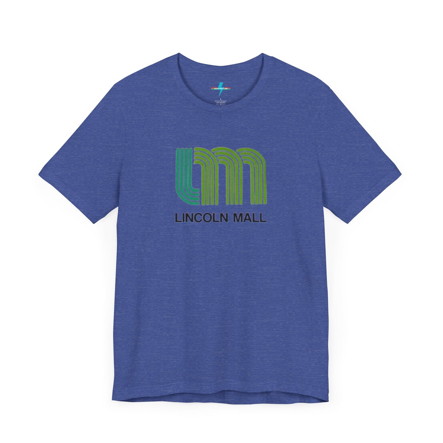 A light green unisex jersey short sleeve tee by Printify features "LINCOLN MALL" written under a retro-styled green and blue curved line design, celebrating the 70s and 80s shopping era in Lincoln Mall Matteson.