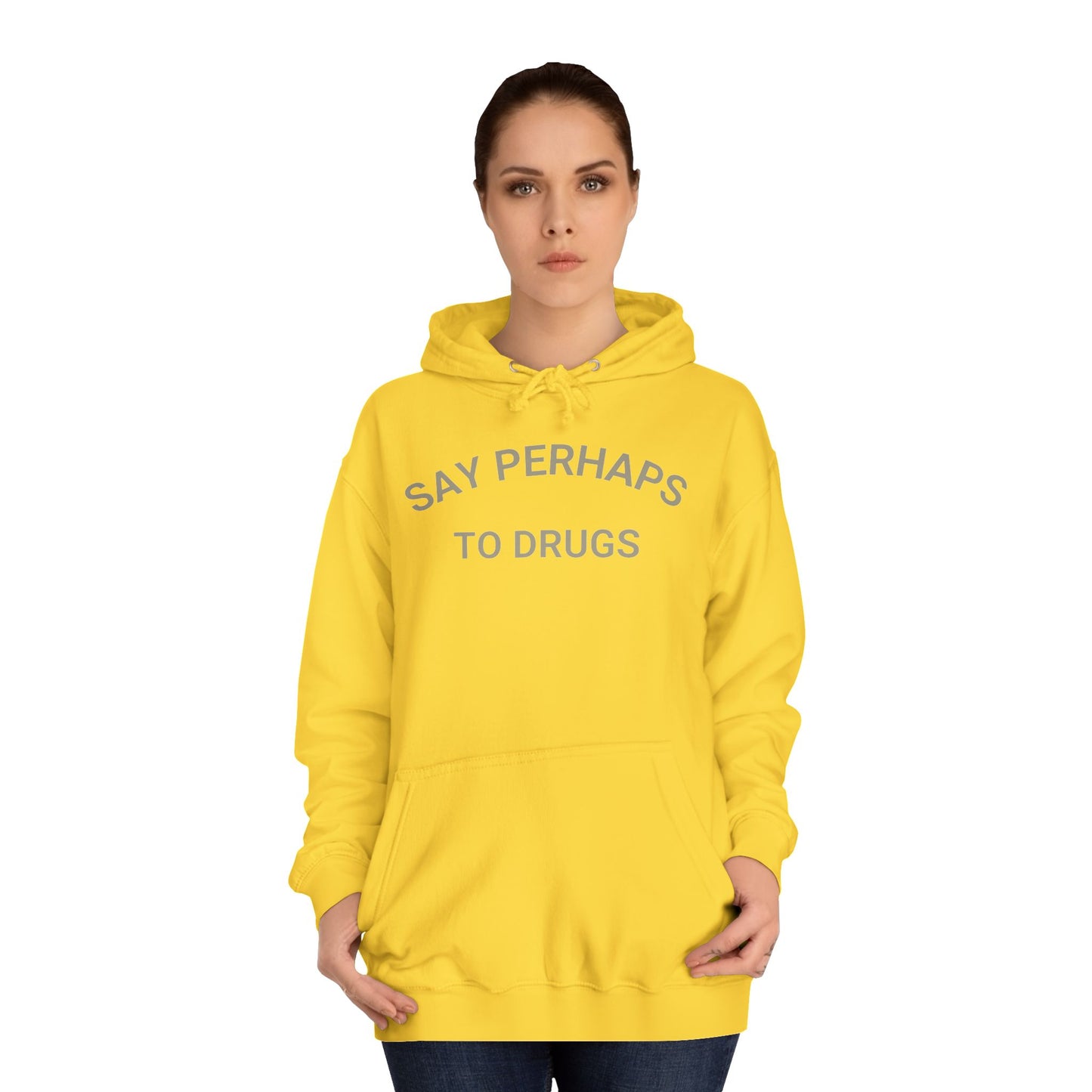 The "Say Perhaps to Drugs - Unisex College Hoodie" by Printify is a maroon hoodie made from soft Airlume cotton. It showcases the phrase "SAY PERHAPS TO DRUGS" in gray across the chest, and features a collegiate design with a front pocket and drawstring hood for enhanced comfort and style.