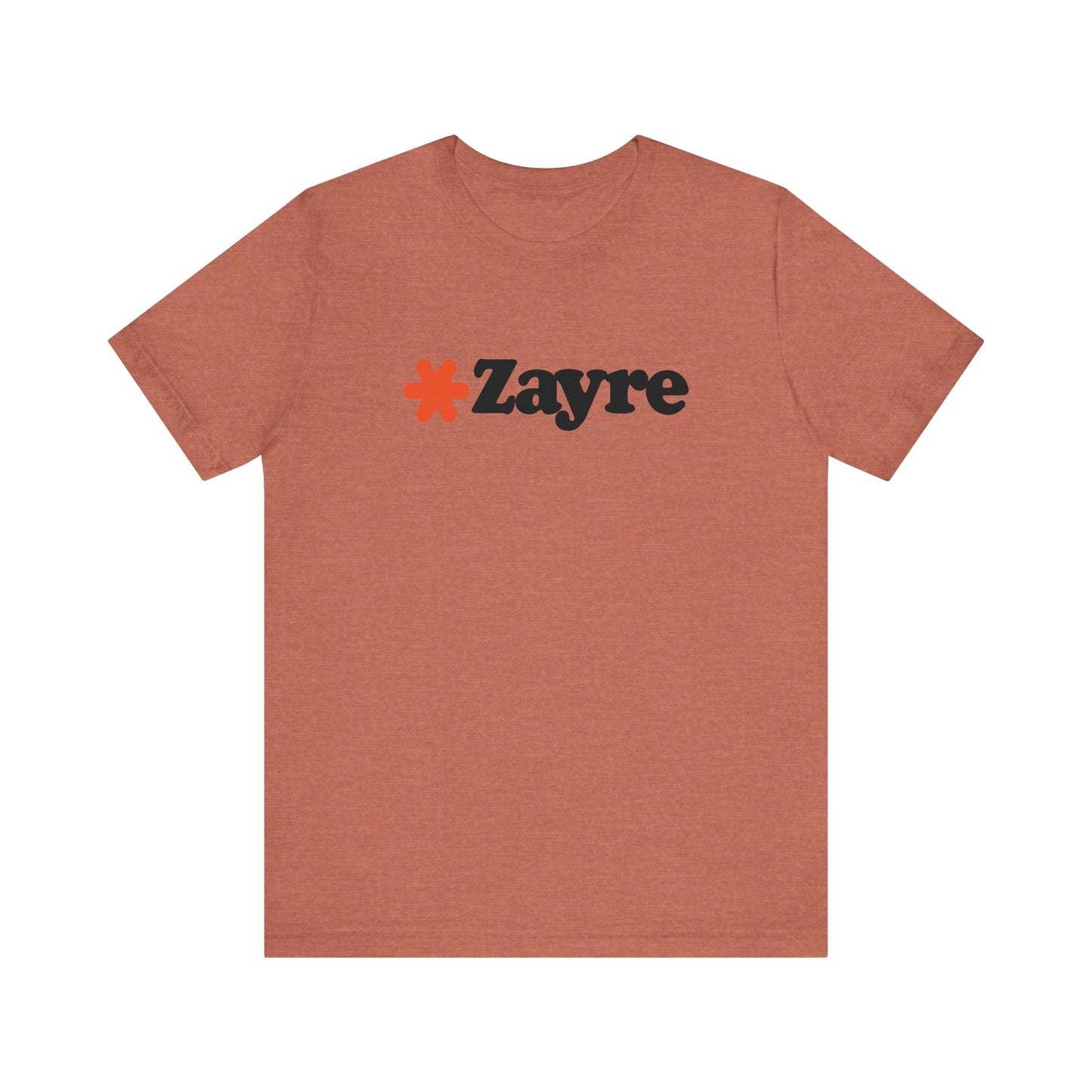 The Zayre Stores Logo - Retro 1980s Unisex Jersey Short Sleeve Tee by Printify features a gray design with the word "Zayre" printed in black letters and a red asterisk preceding the text. Reminiscent of retro fashion from the Zayre 1980s Retail Store, this shirt is displayed against a minimalistic white background and appears to be made of soft, comfortable fabric.