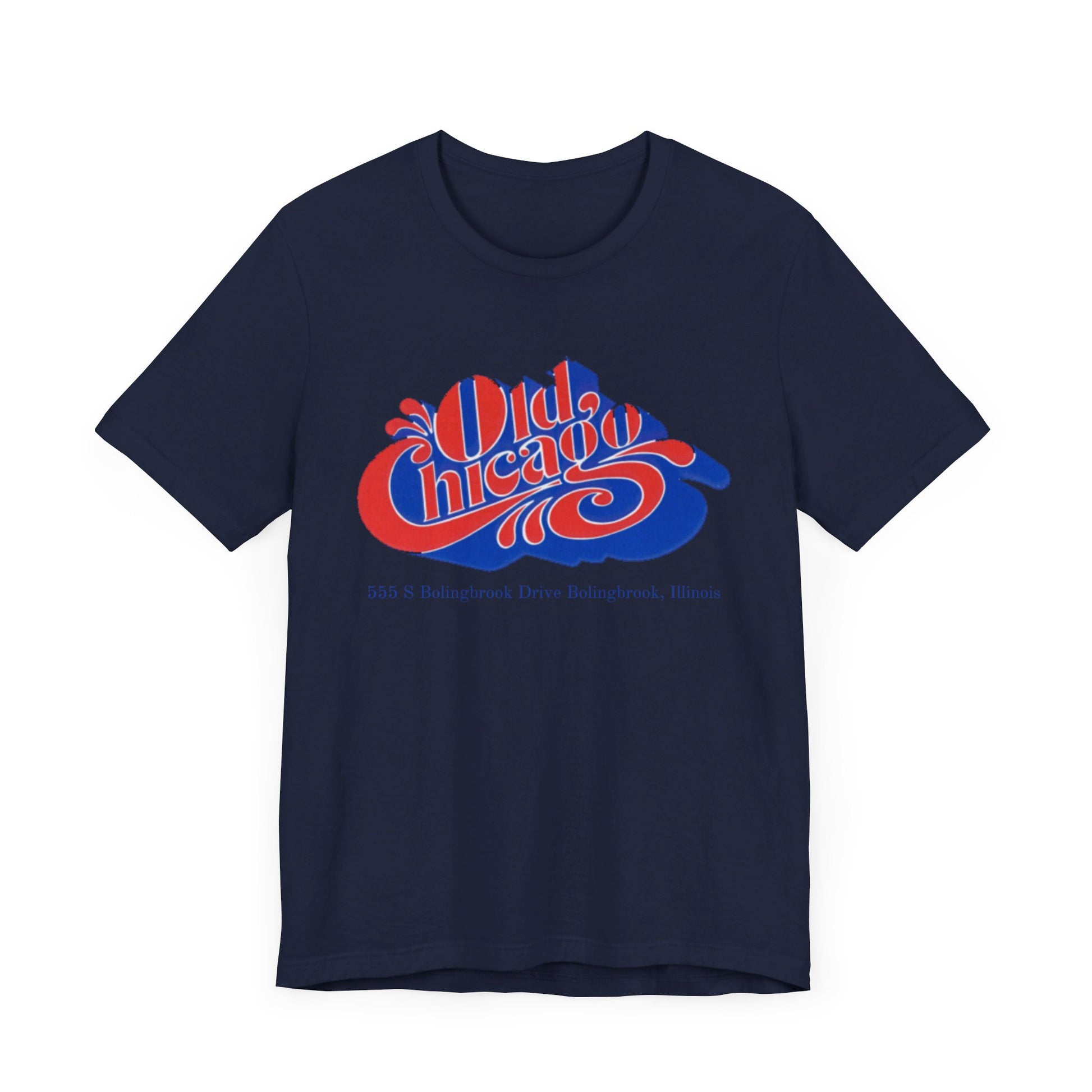 The "Old Chicago Mall Bolingbrook 1980s Retro - Unisex Jersey Short Sleeve Tee" from Printify is a gray T-shirt showcasing a vintage design with the text "Old Chicago" in blue and red. Beneath the main text, the address "355 S. Bolingbrook Drive, Bolingbrook, Illinois" appears in smaller font, evoking 80s nostalgia of the Old Chicago Mall. The shirt is displayed against a white background.