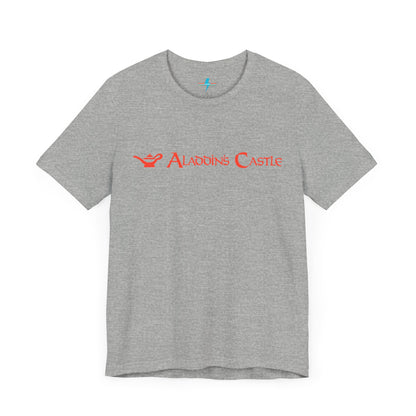 Introducing the Aladdin's Castle Arcade 1980s Unisex Jersey Short Sleeve Tee by Printify. This dark grey heather T-shirt features "ALADDIN'S CASTLE" emblazoned in bright red font across the chest, with a small silhouette of Aladdin's magic lamp to the left of the text. Perfect for fans of retro design or Aladdin’s Castle Arcade, and available exclusively from SoCool Shirts.