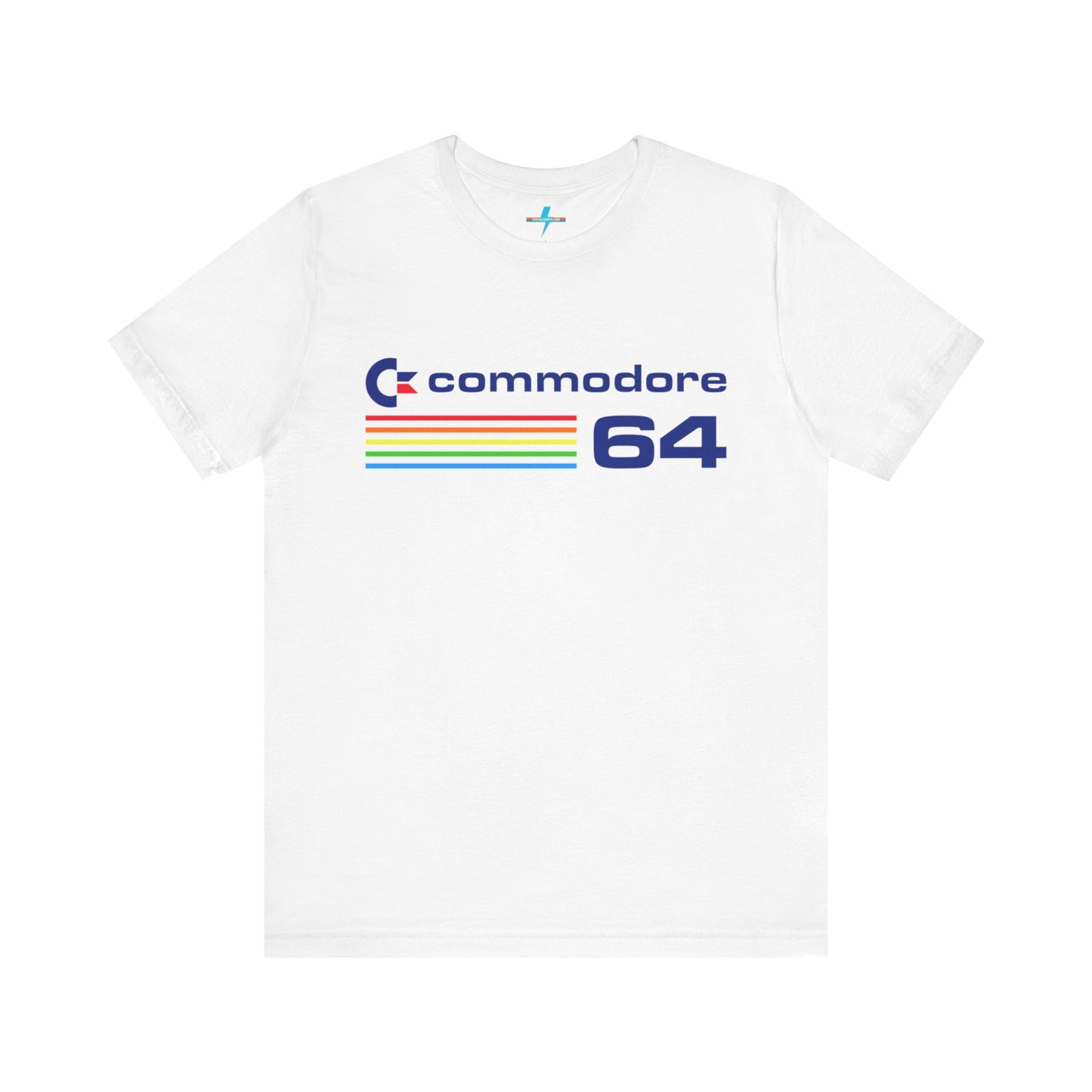 The 1980s Commodore 64 Computer C64 Unisex Jersey Short Sleeve Tee from Printify features a green T-shirt adorned with a vintage design showcasing the text "Commodore 64" and multicolored horizontal lines next to it. The word "Commodore" is emblazoned in blue alongside the Commodore logo, while the number "64" is also highlighted in blue on the right. Ideal for any retro tech enthusiast, this shirt is displayed against a white background.