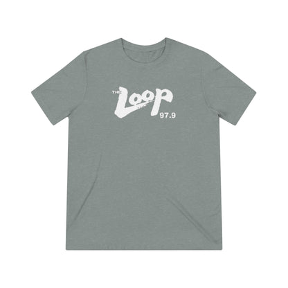 A plain grey Printify The Loop - Chicago - 97.9 Radio Unisex Triblend Tee with a white logo that says "The Loop 97.9" in a stylized font across the chest. The shirt has short sleeves and a round neckline, perfect for any classic rock fan.