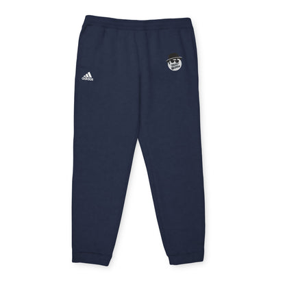 Introducing the Printify Miller Beach Wiffel Ball Blues Brothers Adidas Unisex Fleece Joggers: stylish gray sweatpants adorned with the iconic Adidas logo and a unique design of a stylized face wearing sunglasses and a hat on the left leg, crafted from sustainable materials under the Better Cotton Initiative.