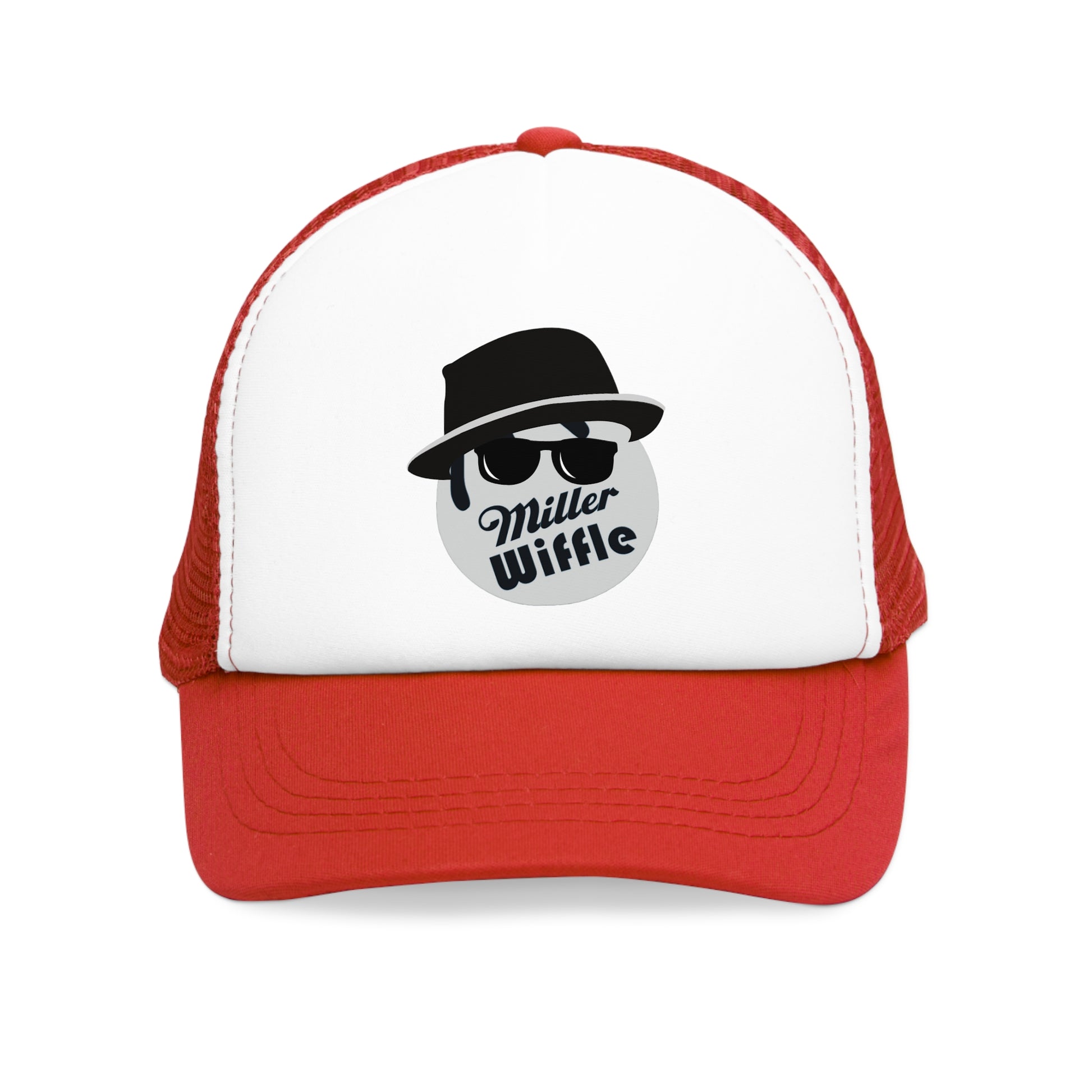 A smiling man wears a Printify "Miller Wiffel Ball Blues Brothers" mesh cap, which features an adjustable snap closure. The cap showcases a logo with a silhouette image sporting sunglasses and a hat, alongside the text "Miller Wiffle." He has a light beard and is dressed in a denim jacket over a black shirt.