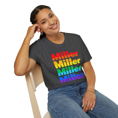 Miller Beach Rainbow Retro Tee — Vintage Stack Name Pride T-Shirt