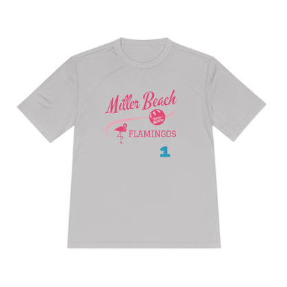 Introducing the "Miller Beach Flamingos - Jackson 01" Unisex Moisture Wicking Tee by Printify. This beige T-shirt showcases "Miller Beach" in a pink cursive font accompanied by a small pink flamingo illustration. Below, "FLAMINGOS" is displayed in bold pink capital letters, with a blue "01" on the bottom right corner. As part of the Sport-Tek PosiCharge Competitor collection, this lightweight shirt provides superior moisture-wicking performance.